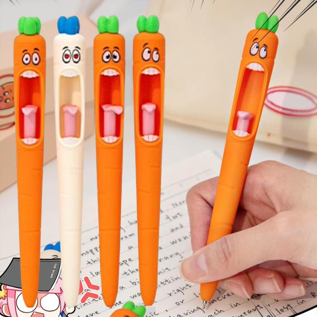 4pcs Funny Carrot Press Type Black Quick Dry Gel Pen High Value Creative Stress Relief Writing Tool for Study Office School