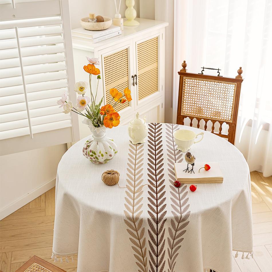 Round Embroidery Tablecloth Cotton Linen Flower Dust Proof Table Cover, for Kitchen Dining Room,Party,Birthday Tabletop Decor