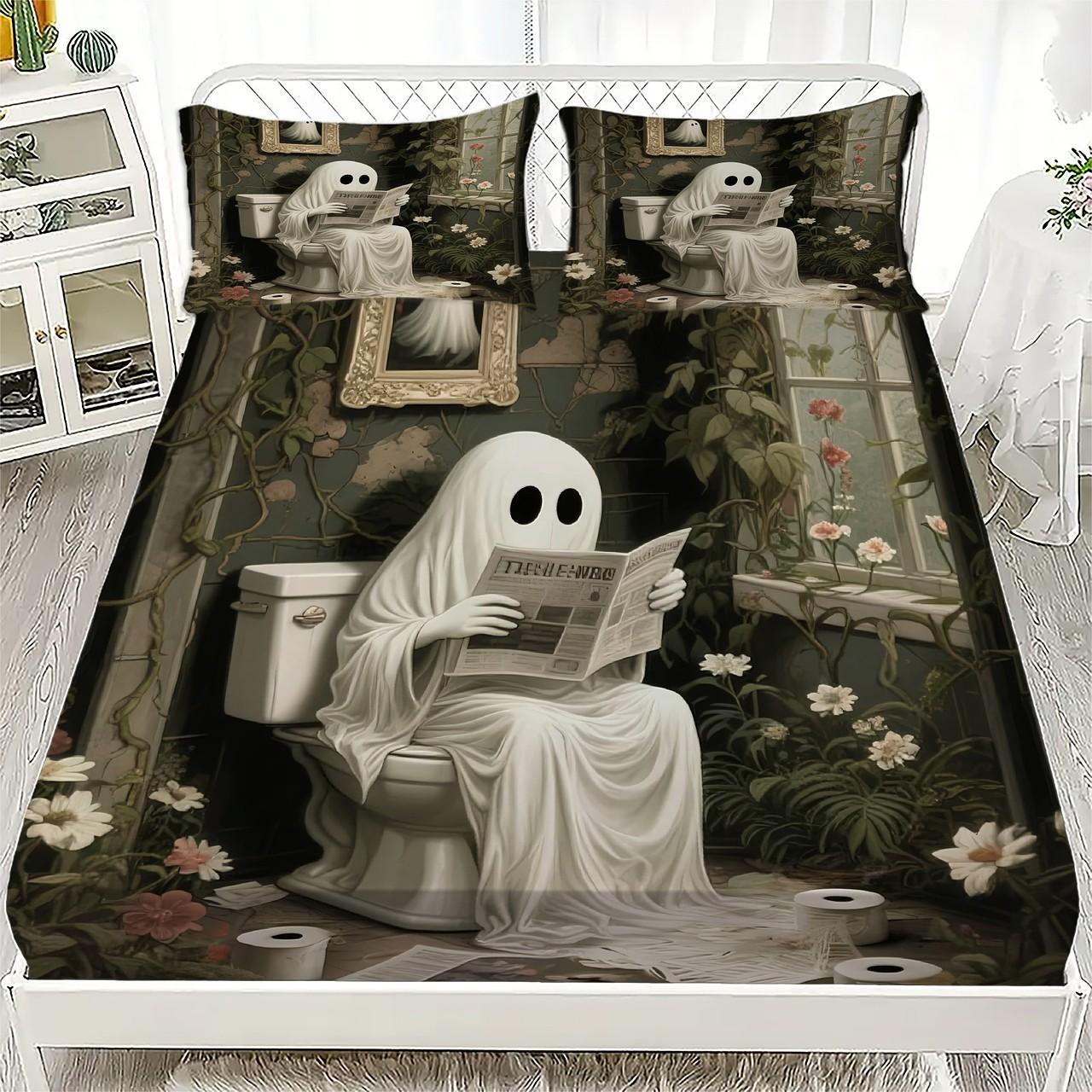 

Halloween Bedding Set Cartoon White Ghosts Pattern Fitted Sheet Bedroom Decor for Kids Halloween Gifts Halloween Decorations 90x190x40cm 2pcs