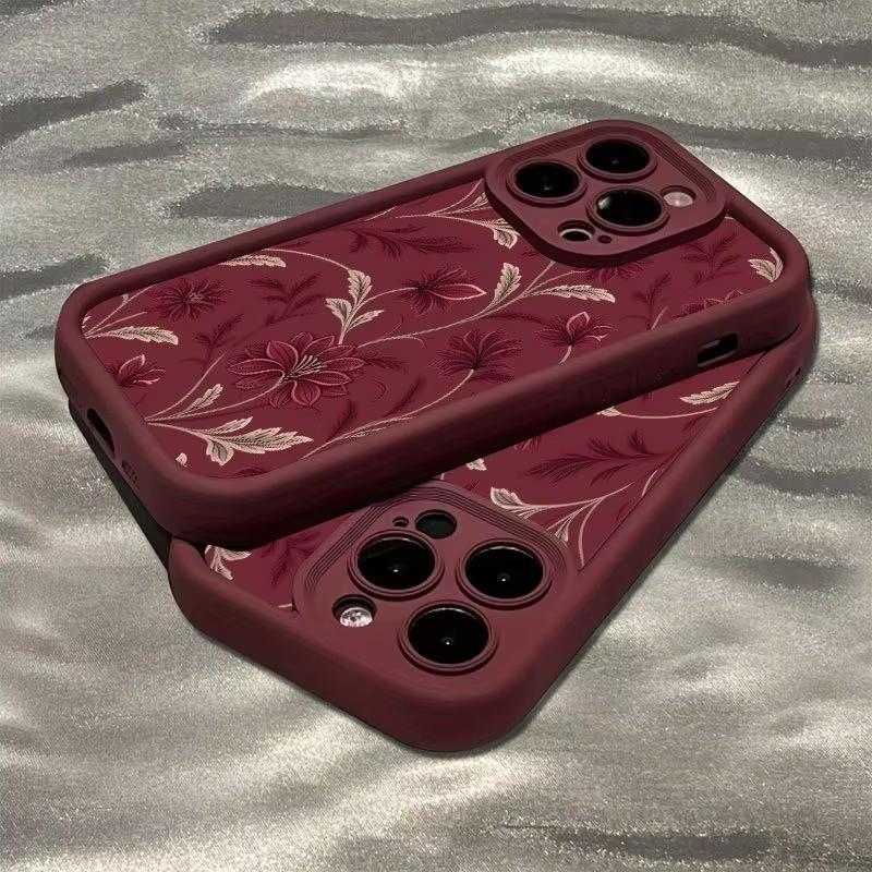 A Burgundy Floral with Light Brown Branches And Leaves Case For iPhone 17 Air 16 15 14 13 12 11 Pro Max XS XR X 7 8 Plus Cover