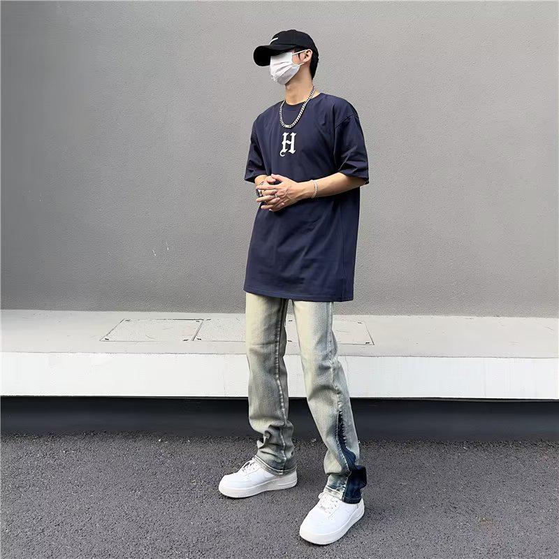 

Молодежные мужские джинсы в стиле Харадзюку, со средней посадкой, выстиранные, свободного кроя - модные, универсальные, прямые брюки на молнии. Medium