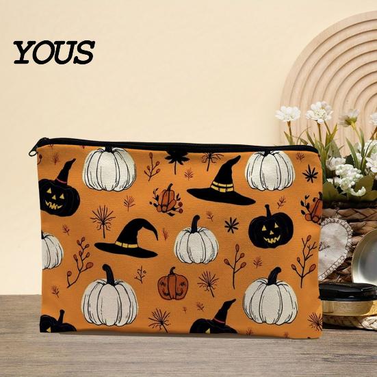 Themed Cosmetic Travel Bag Storage Bag, with Halloween Pumpkin Ghost Print, Smooth Festive Desktop Zipper Canvas Makeup for Organizer