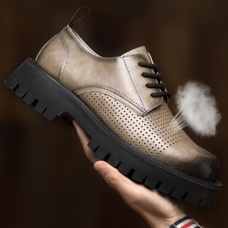Men's shoes summer low top big head casual workwear shoes trendy British style thick soled hollow thin breathable shoes