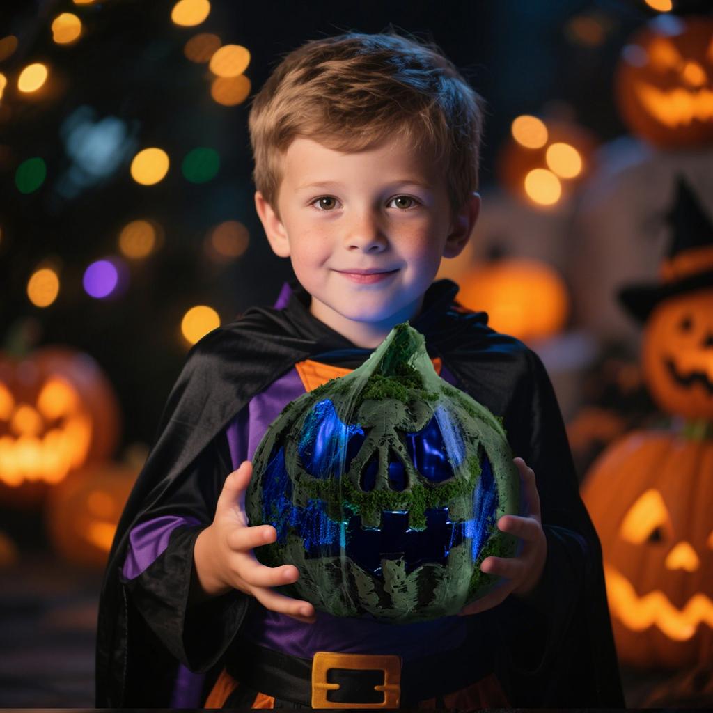 Halloween Luminous Moss-Covered Pumpkin , 8.66 Inch Spooky Glowing - O - For Indoor Outdoor Halloween Decor