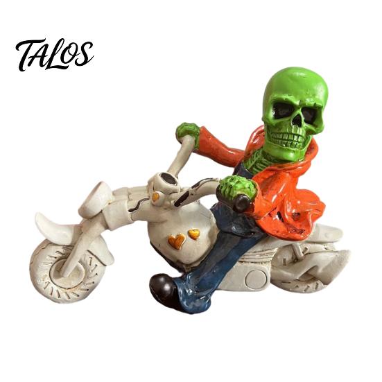 Detailed Skull Clothing Figurine Halloween Skeleton Riding Motorcycle Figurine, Gothic Spooky Statue for Home Gifts Collectors Garden, Resin
