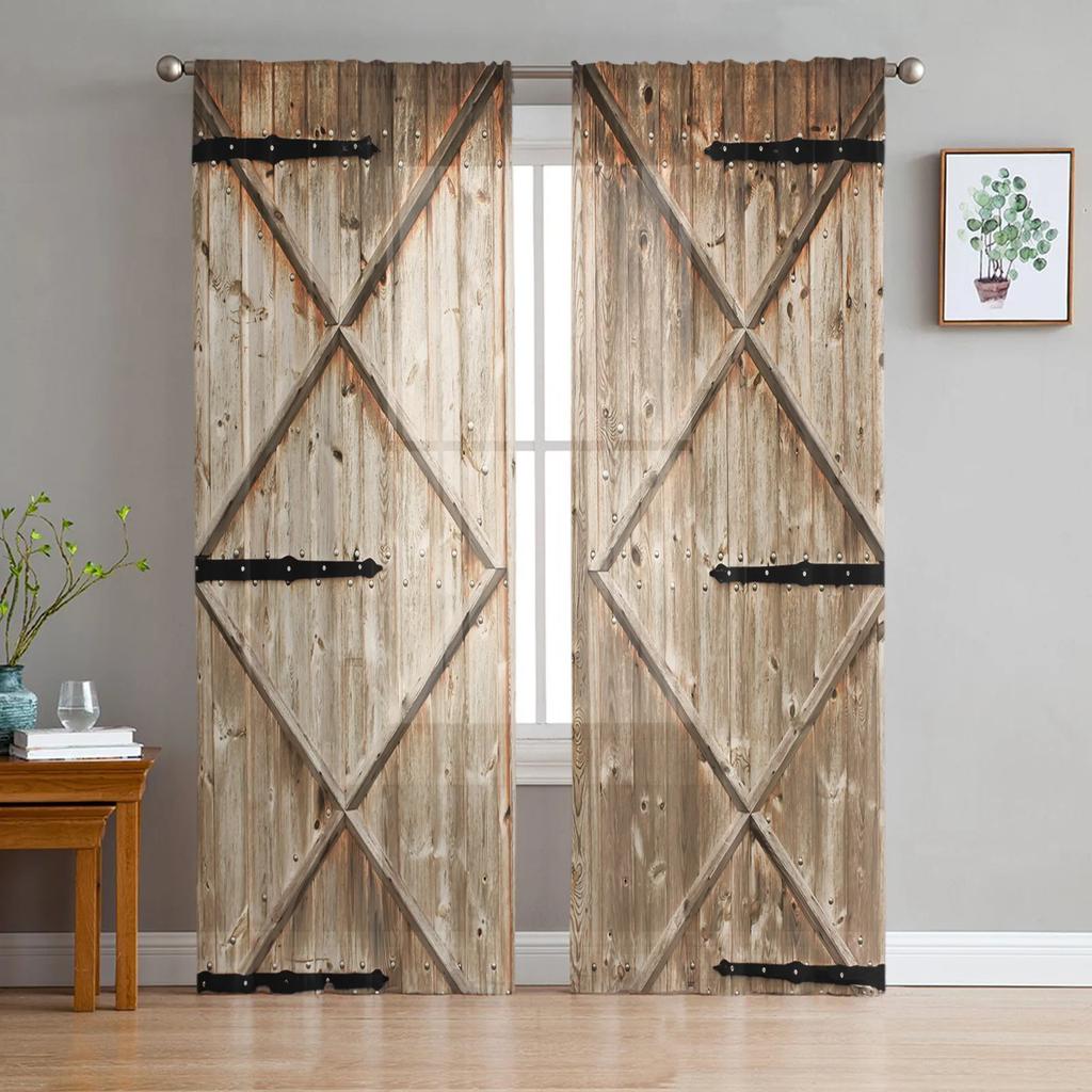 Moderne Vintage Holztür Türrahmen Tüllvorhänge Wohnzimmer Dekoration Chiffon Voile Küche Schlafzimmer Fenstervorhang mit Lichtfilterung Polyester
