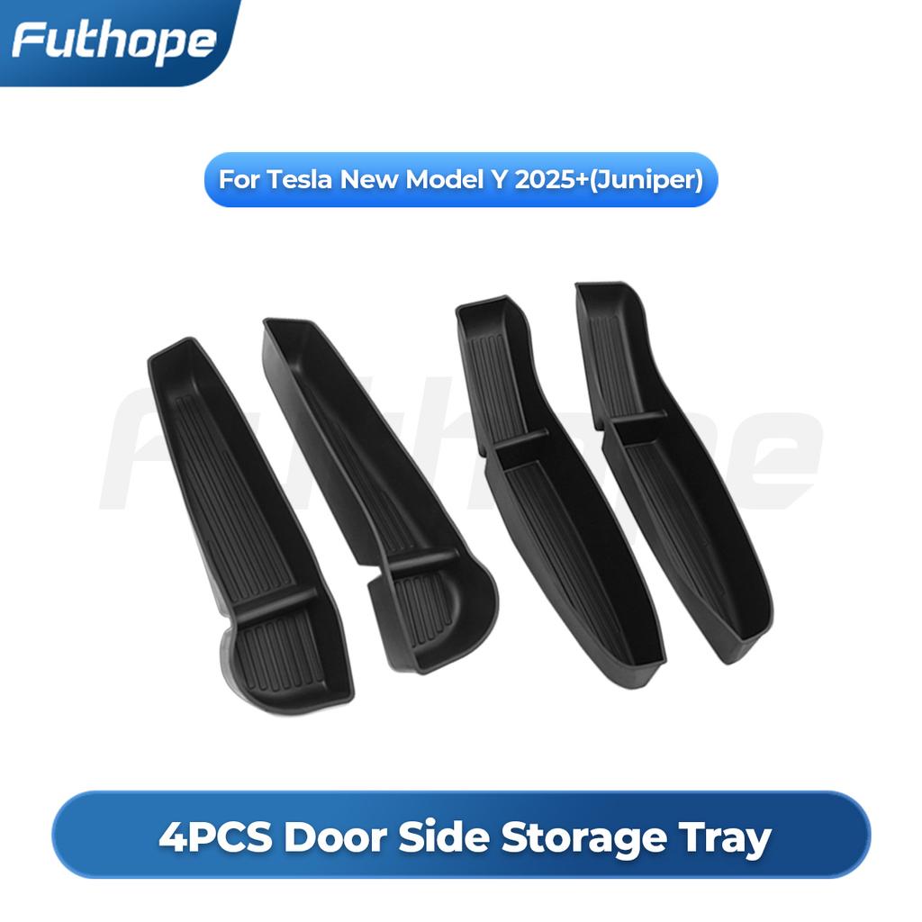 Futhope 4pcs Side Door Storage Box for Tesla New Model Y Juniper 2026 Model YL Tray Organizer Front Door Handle Decoration