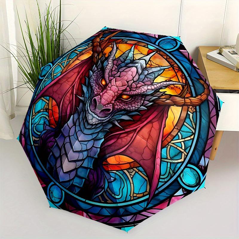 Stained Glass Dragon Wall Art Decor - Fantasy Medieval Window Panel for Home, Office, or Classroom Umbrella Day  & Christ