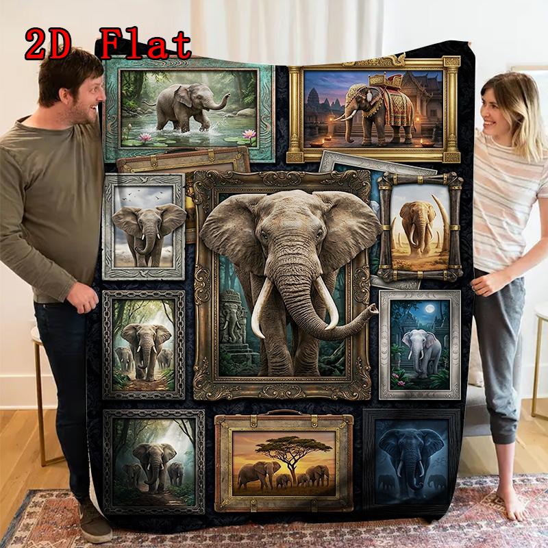 Elephant Art Collection 2D Flat Pattern Flannel Blanket, High quality All Seasons, Home Decor, Warmth and Comfort, Perfect for Christmas Gifts.