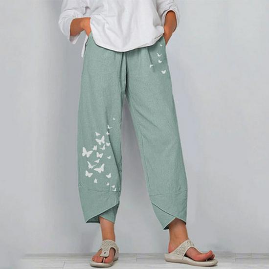 European & American Summer Casual Loose Cotton Linen Butterfly Print Wide-Leg Pants for Women 3199