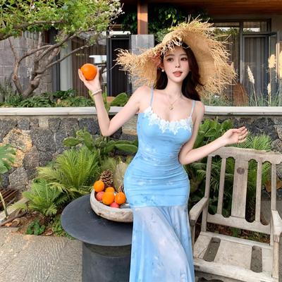 Foreign Style Lace Splicing Suspender Dress Women's Summer New Waist Age-reducing Printed Mesh Fishtail Dress