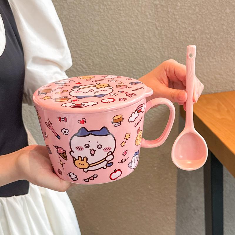 High-value and cute student large instant noodle cup Ceramic instant noodle bowl with lid Dormitory tableware Soup noodle ramen bowl