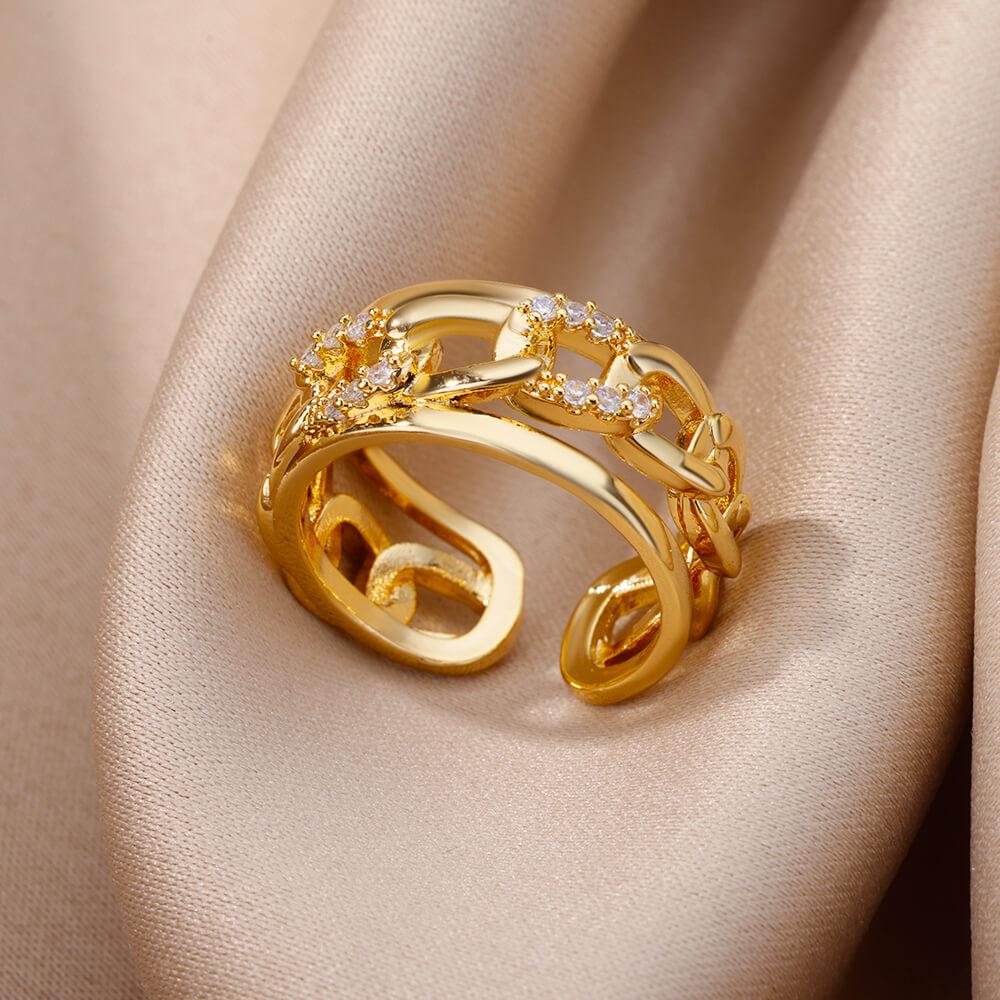 Zircon Chain Cross Rings For Women Vintage Gold Color Stainless Steel Geometric Open Ring Fashion Wedding Aesthetic Jewelry Gift