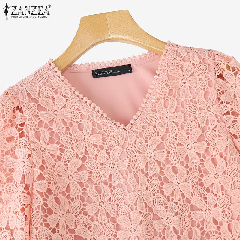 ZANZEA Women Summer V-Neck Short Sleeve Casual Lace Patchwork Blouse