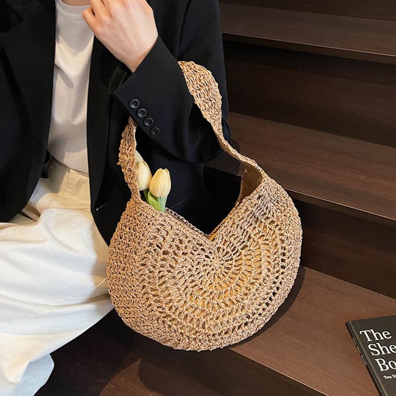 Yogodlns Borsa a Spalla Intrecciata in Paglia Oversize da Donna Casual Grande Capacità Mezzaluna Borsa a Mano Vacanza Estiva Leggera Borsa da Spiaggia Intrecciata a Mano