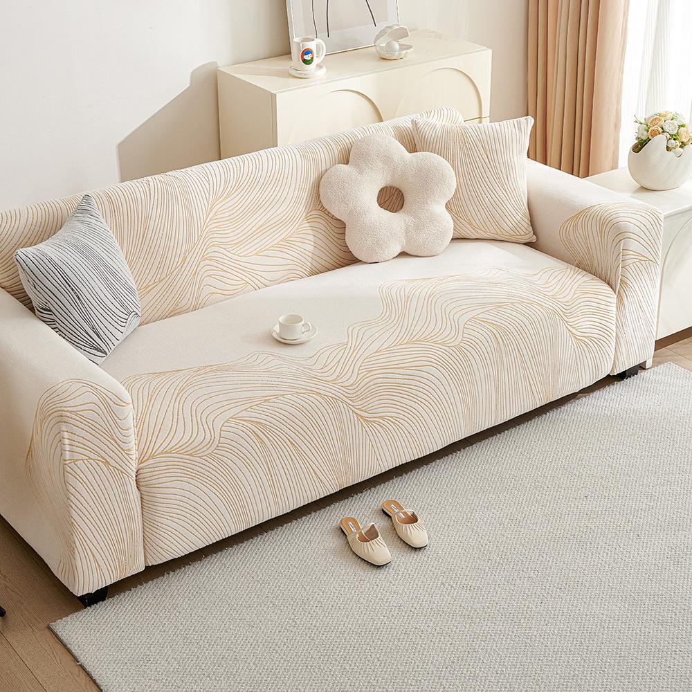Striped Jacquard Velvet Cream Elastic Sofa Cover Universal Anti Cat Scratch Sofa Cover All Inclusive Universal Set Autumn and Winter Cover Fabric