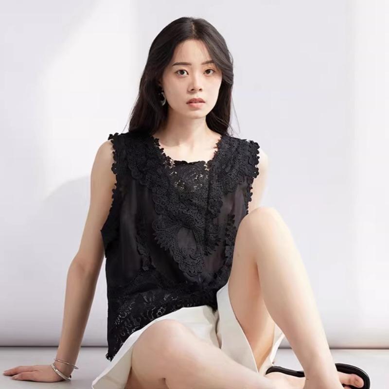 DIMANAF 2026 Weste T-Shirt Damen Spitze Rundhalsausschnitt Ausgeschnitten Sommerstil Basic Tops Neue T-Shirts Lockere Weste