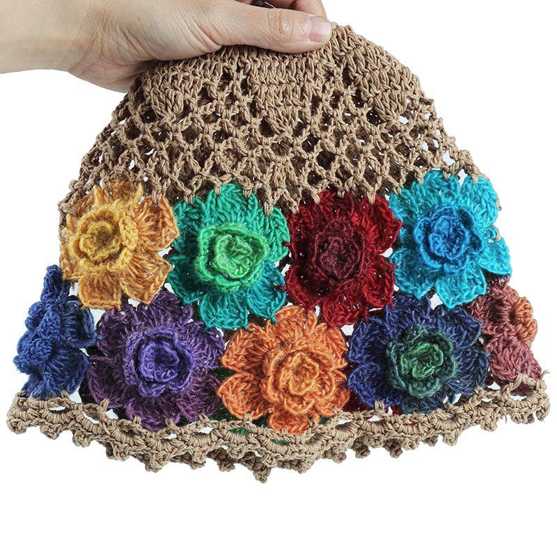 Women's Handmade Knitted Flower Turban Single Layer Hollow Mesh Gradient Color Elegant Artistic Ethnic Style Hollow Hat
