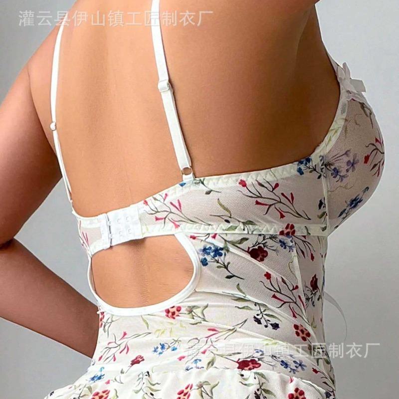 Embroidered Sexy Lingerie Set Lace Suspender Floral Print Pink Perspective