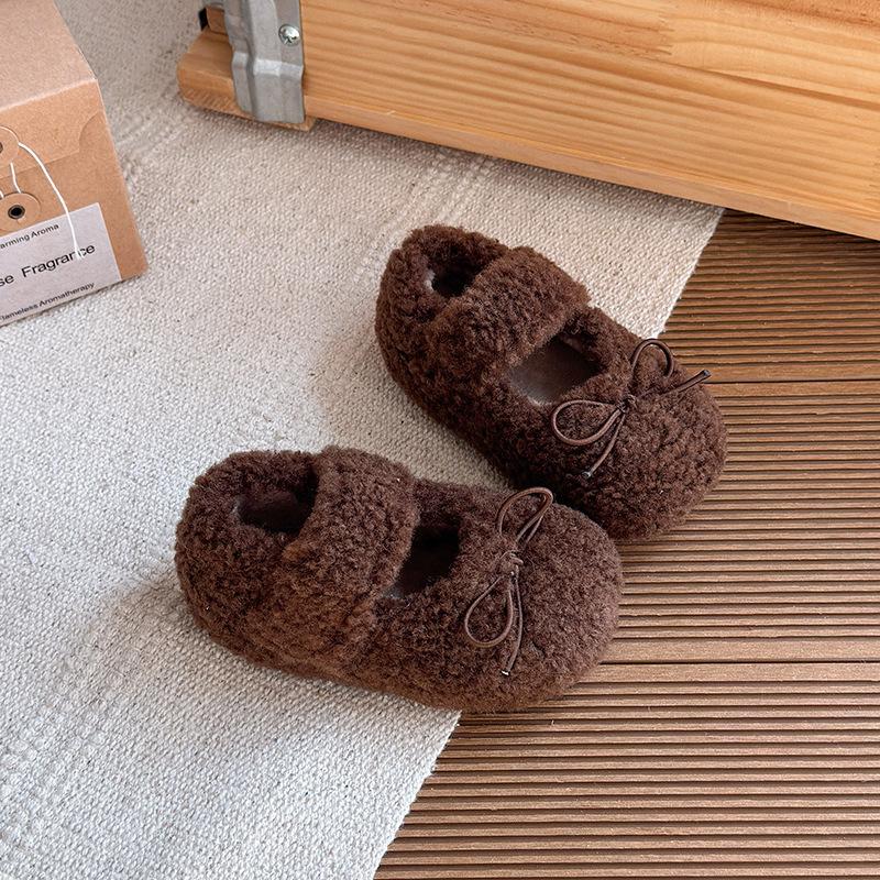 

Korean-style girls bowknot furry shoes, sweet princess shoes for girls, winter soft-soled warm loafers for baby girls, cotton shoes 25 коричневий