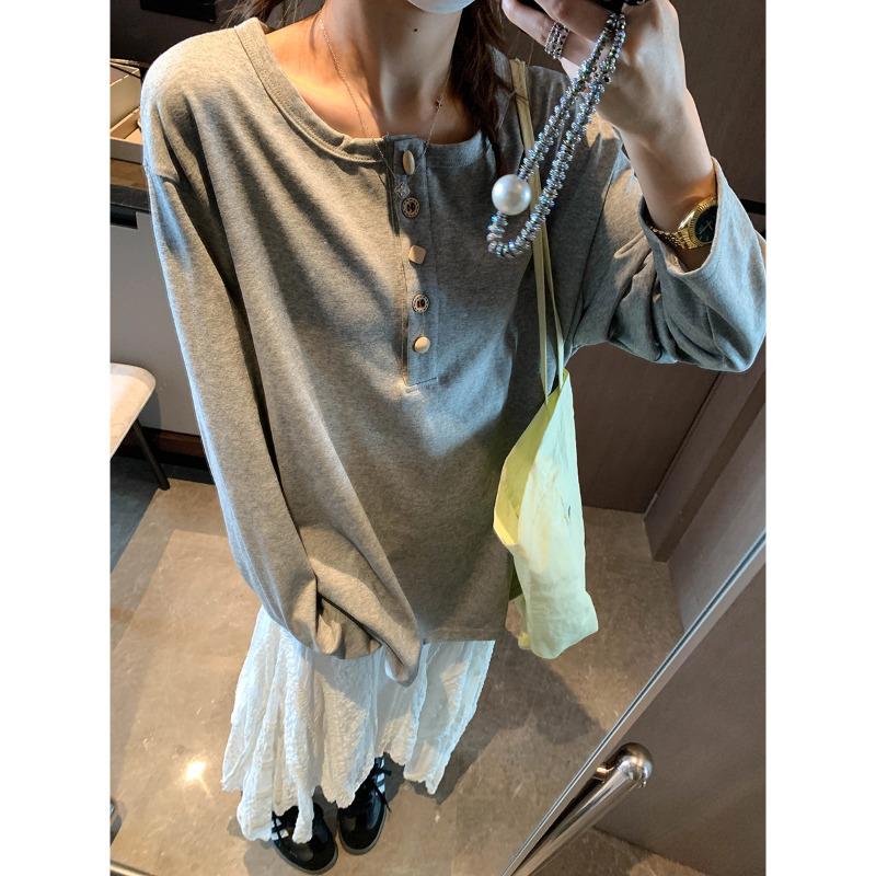 Mochie Irregular Button Design Round Neck Loose Long Sleeve T-shirt - Early Spring Collection MQ1126 One Size серый