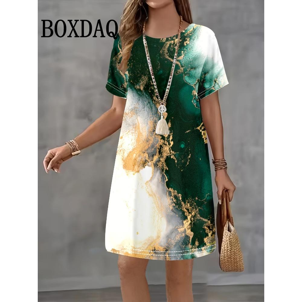 Geometric Pattern 3D Print Dress For Women 2025 New Fashion Summer Clothing Short Sleeve Loose Casual O-Neck Short A-Line Dress