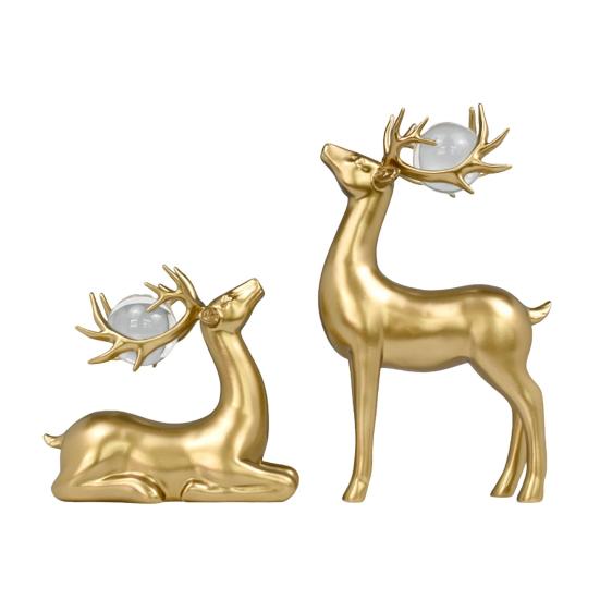 2Pcs Wealth Deer Ornament The Deer of Fortune Figurine Resin Modern Artistic Tabletop Deer Statue Gift for Birthday Housewarming