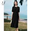Jiuzi Anna Kou Casual, Simple and Comfortable Short Sleeved Knitted Waist Cinched Pleated Dress for Women, Summer 2025 New Style