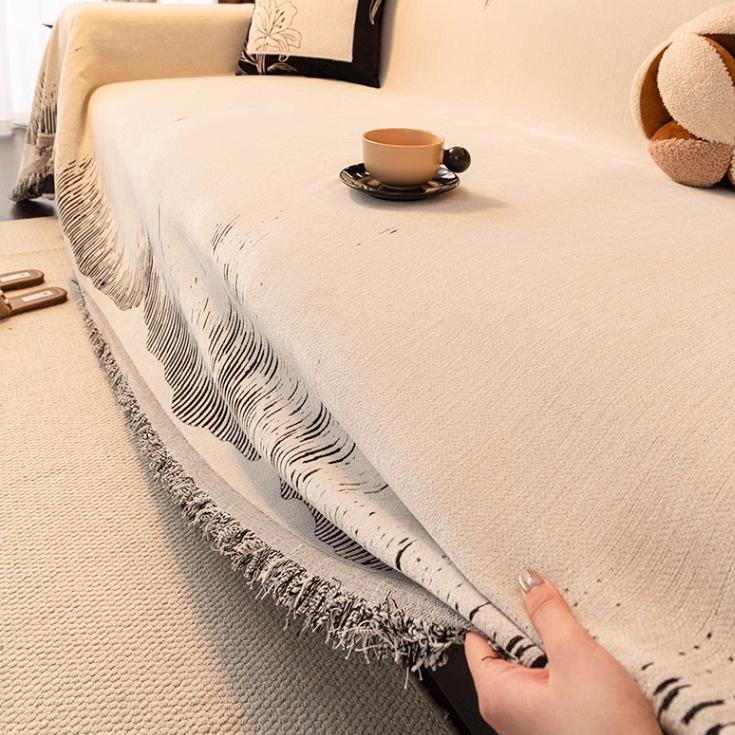 Vintage Chenille Sofa Throw Cover, Reversible Elegant Beige & White Pattern, Tassels Detail, Fits Armchairs To 4-Seater Sofas Couch Covers Reversible