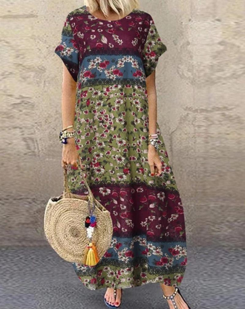 Plus Size Summer Loose Long Sleeve Round Neck Floral Print Casual Women's Holiday Beach Dress Vintage Style Maxi Dress