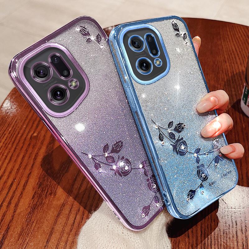 KADEM TPU Phone Case for Oppo Find X5,Flower Pattern Rhinestone Gradient Color Glitter Powder Back Cover