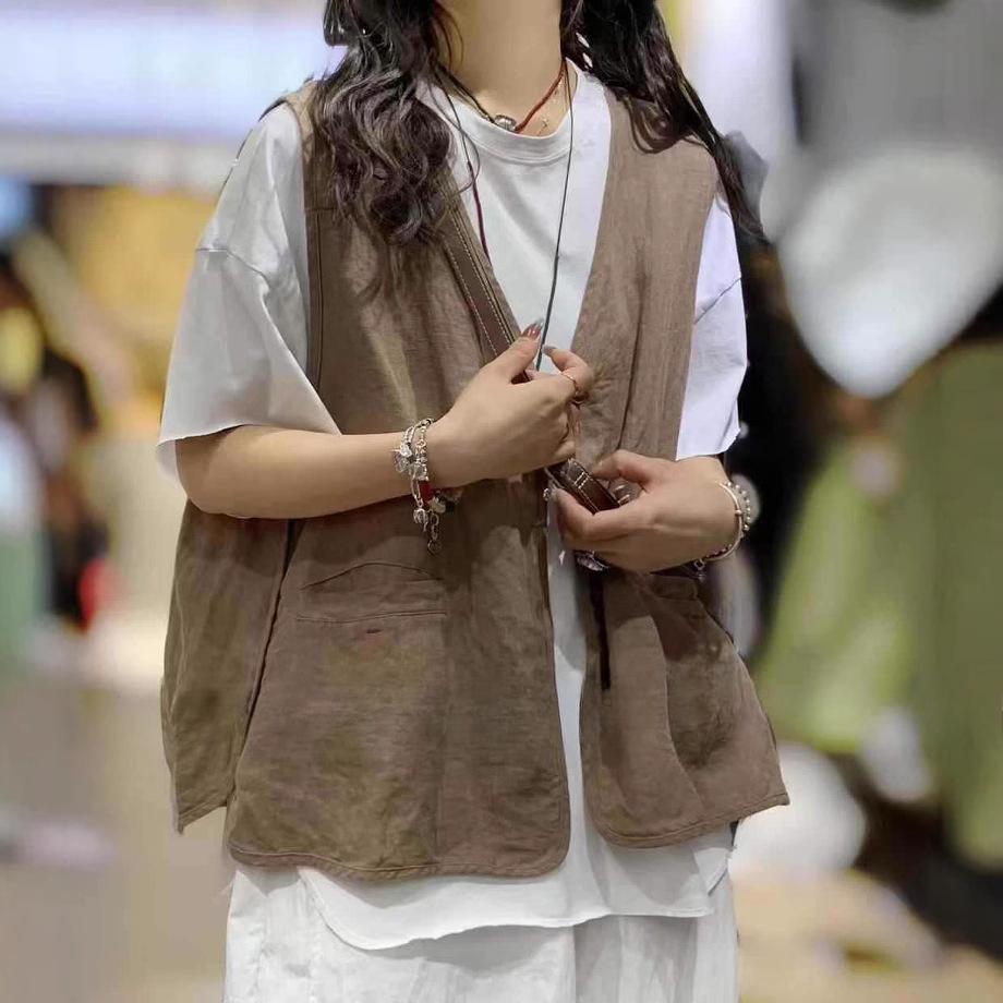 Einfarbige Leinen V-Ausschnitt Weste Retro Literarisch Allround Lässig Ärmellos Weste Top Damen