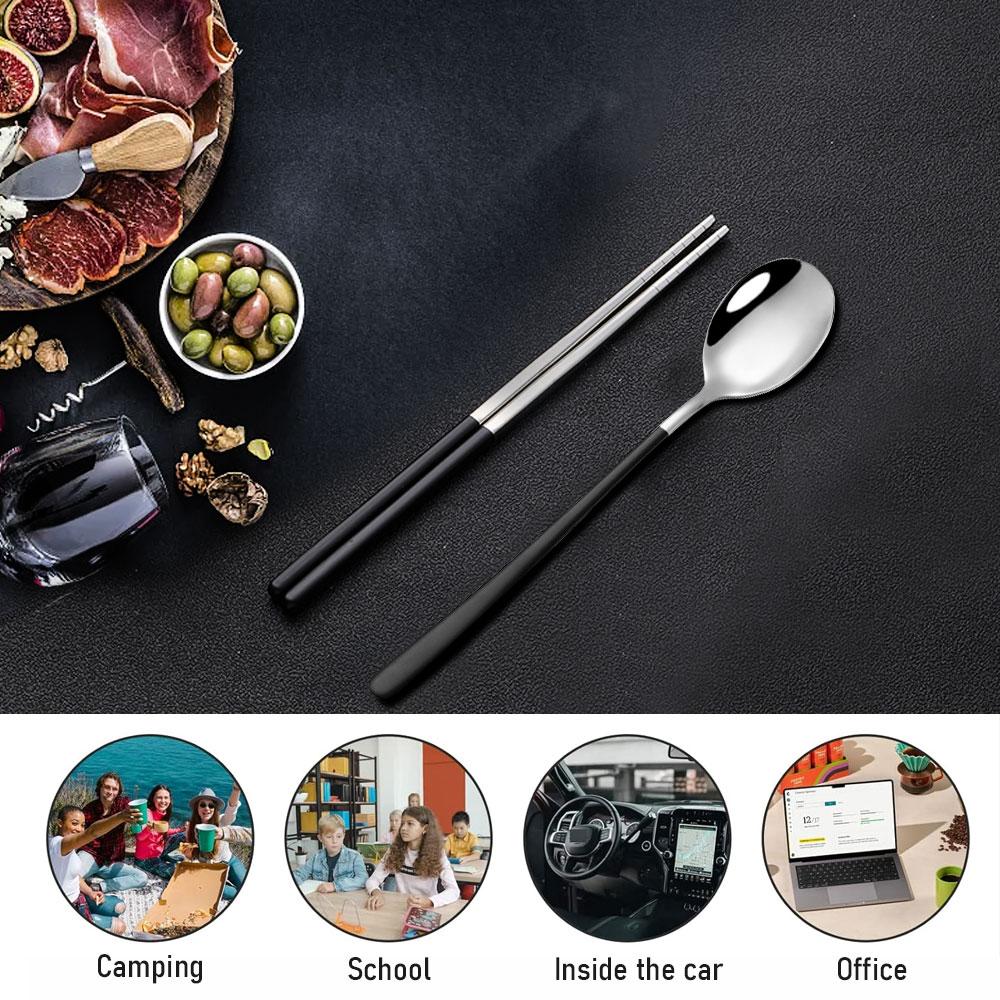 Chopsticks Spoon Cutlery Set Reusable Stainless Steel Non-slip Sushi Sticks Food Soup Spoon Dinnerware Set