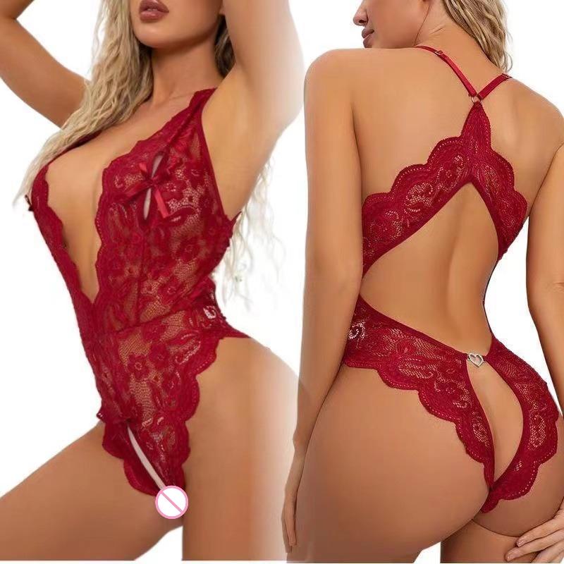 Women's Sexy Lace Hollow Out One-Piece Deep V Sexy Split Sexy Lingerie