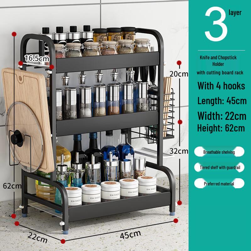 

Black 3-Tier Stainless Steel Kitchen Storage Rack with Utensil Holders