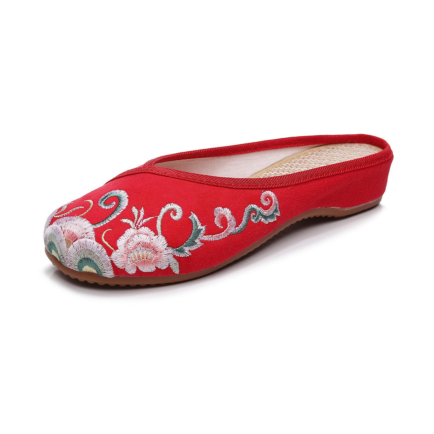 

Тапочки Maogu 2024 года, летние новые женские повседневные туфли с круглой головкой из воловьей кожи, плоские сандалии для женщин с вышивкой из Китая 41 38 красный