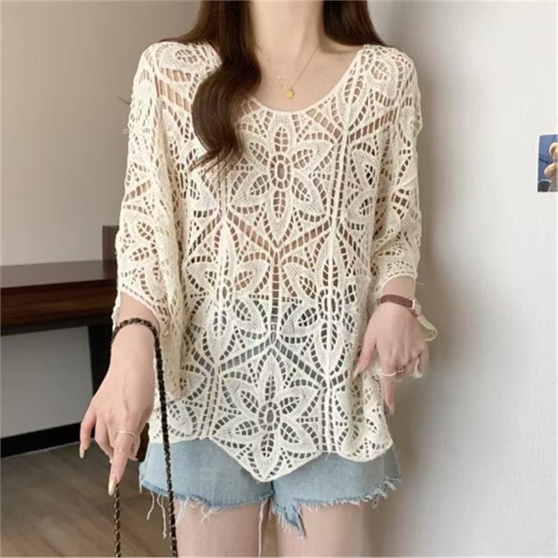 Cardigan tricoté à lacets ajourés motif fleur pour femme, nouveau haut court style bohème pour l'été, châle long à manches longues