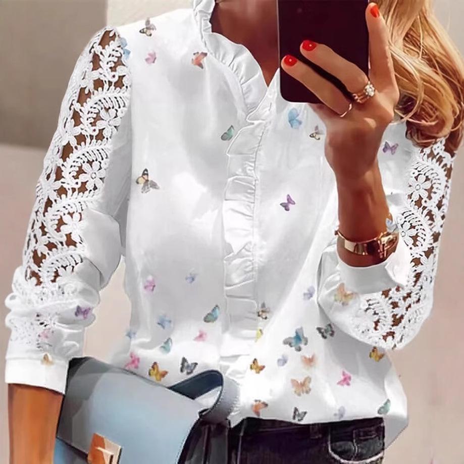 European & American Lace Patchwork Print Women's Shirt