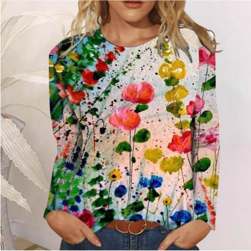 New Women's Round Neck Long Sleeve Loose Printed T-Shirt Ladies Top