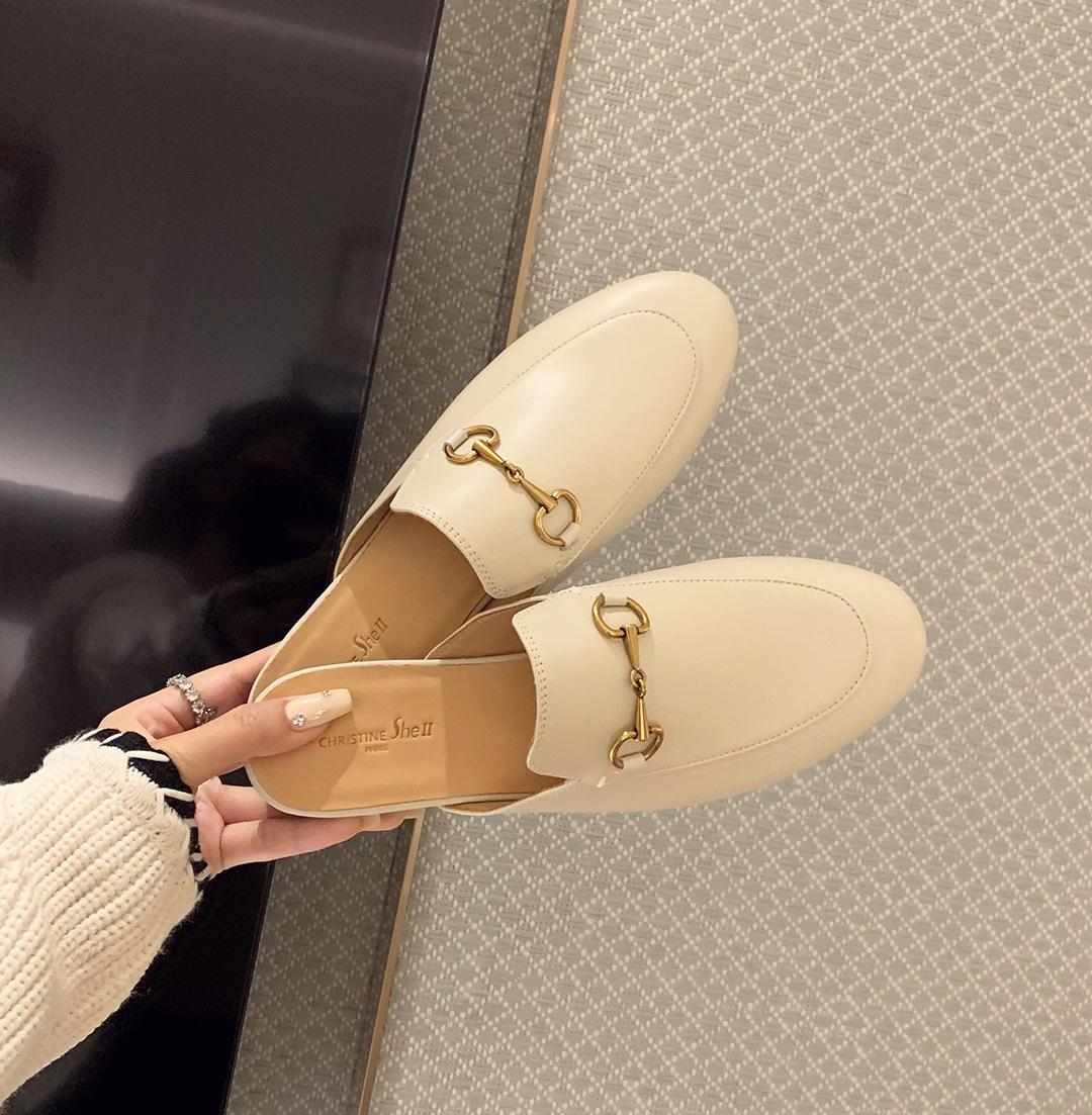 

-A [] Horse buckle leather bag head Muller slippers women s half drag outside sandals 43 абрикосовий