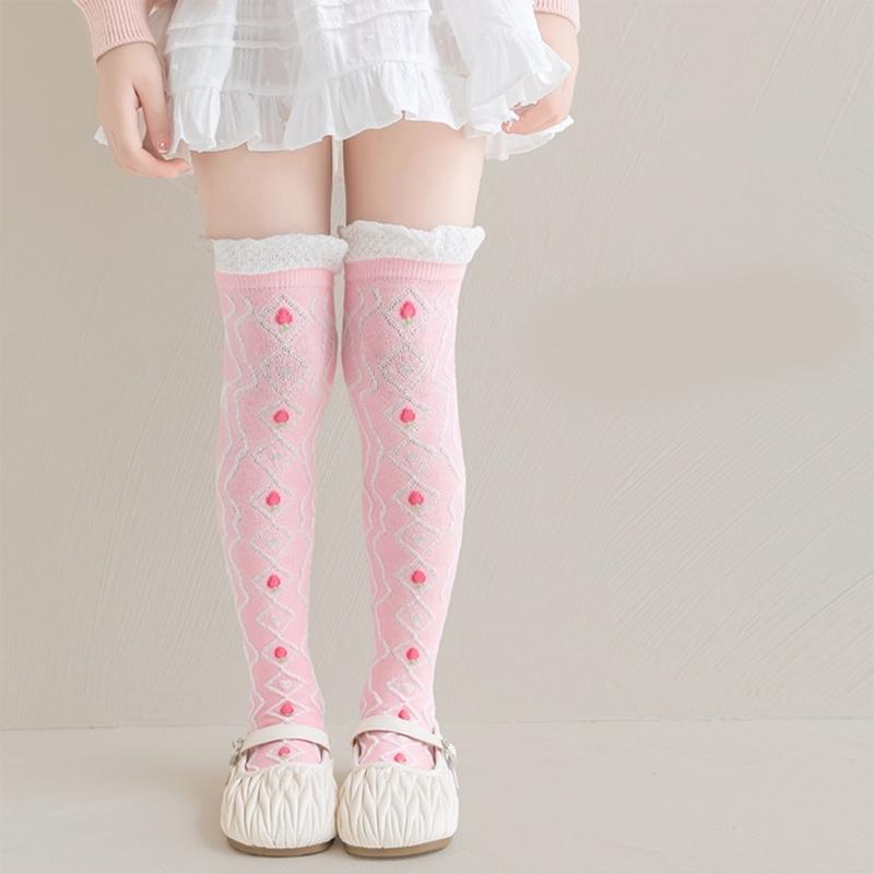 Children's Knee Length Cotton Socks Baby Girls Long Tube Socks Soft Stockings Flower Pattern for School Uniforms