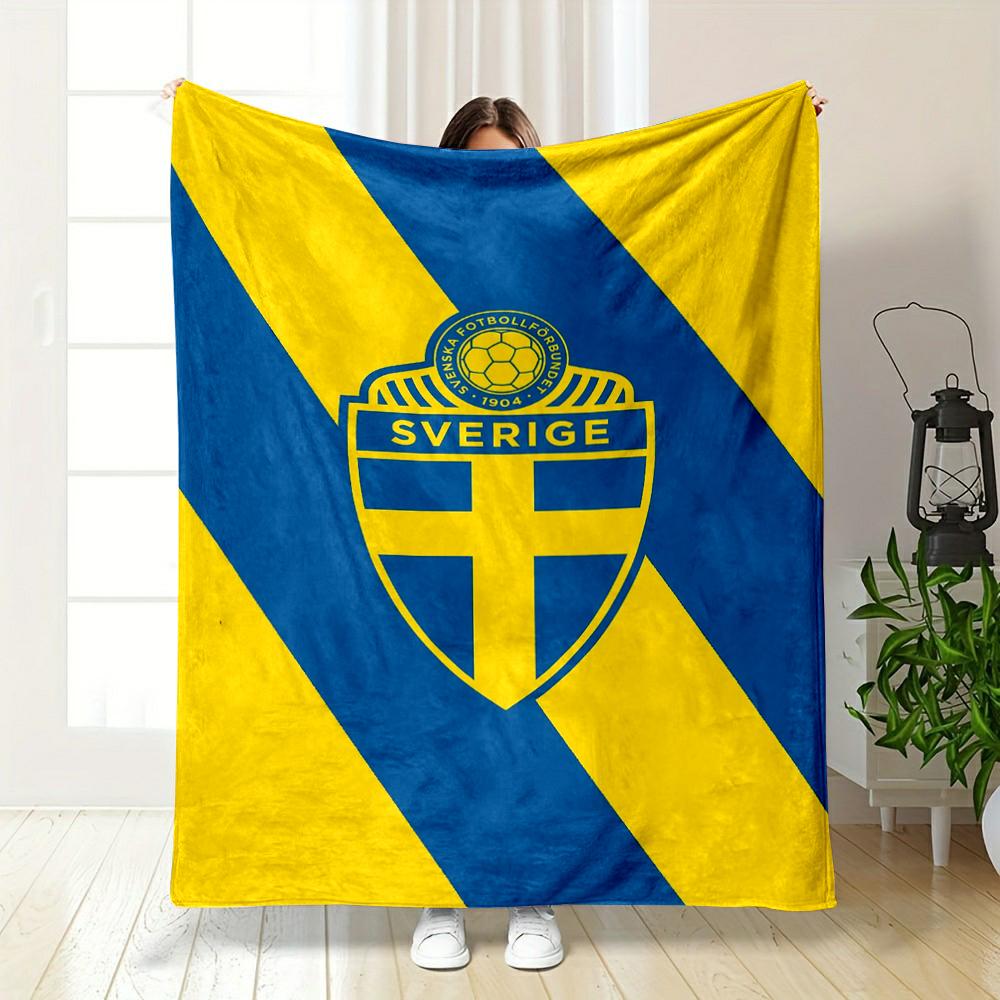 Sweden Football Emblem on Yellow-Blue Design Flannel blanket for bedroom, living room, sofa, and nap sofas.