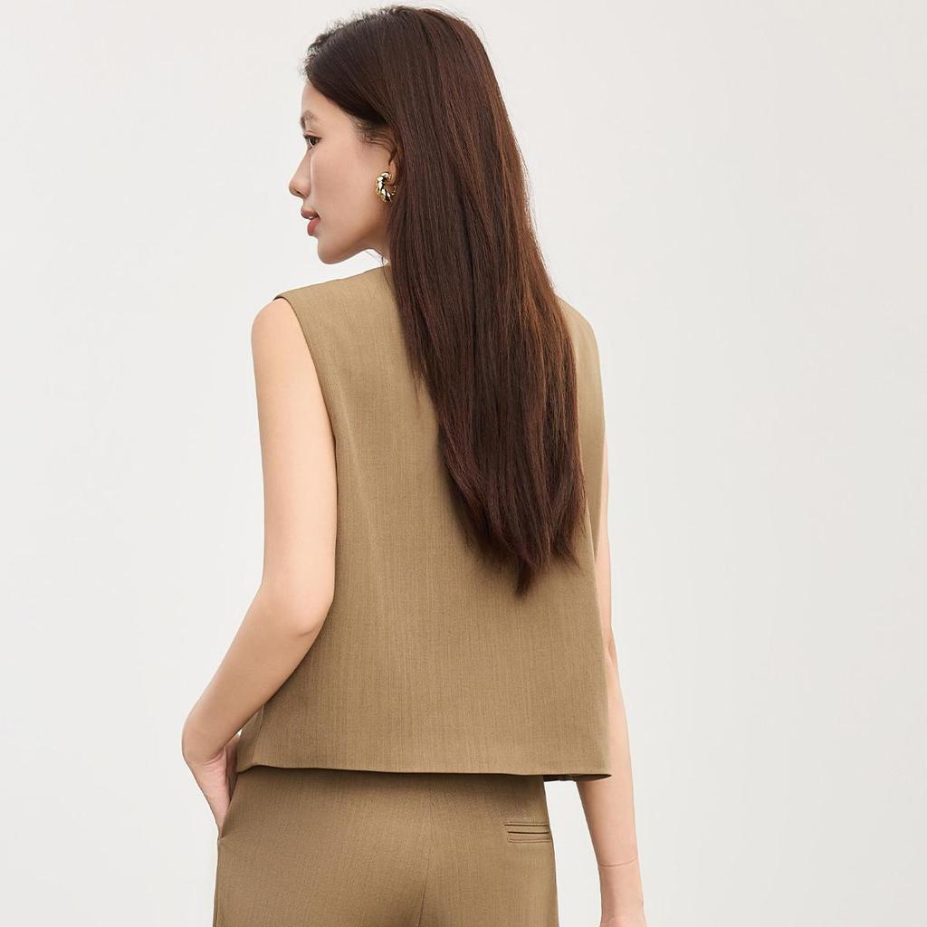 Women's Fashion Khaki V-Neck Vest Waistcoat for Spring & Autumn - Casual Professional Commute Style