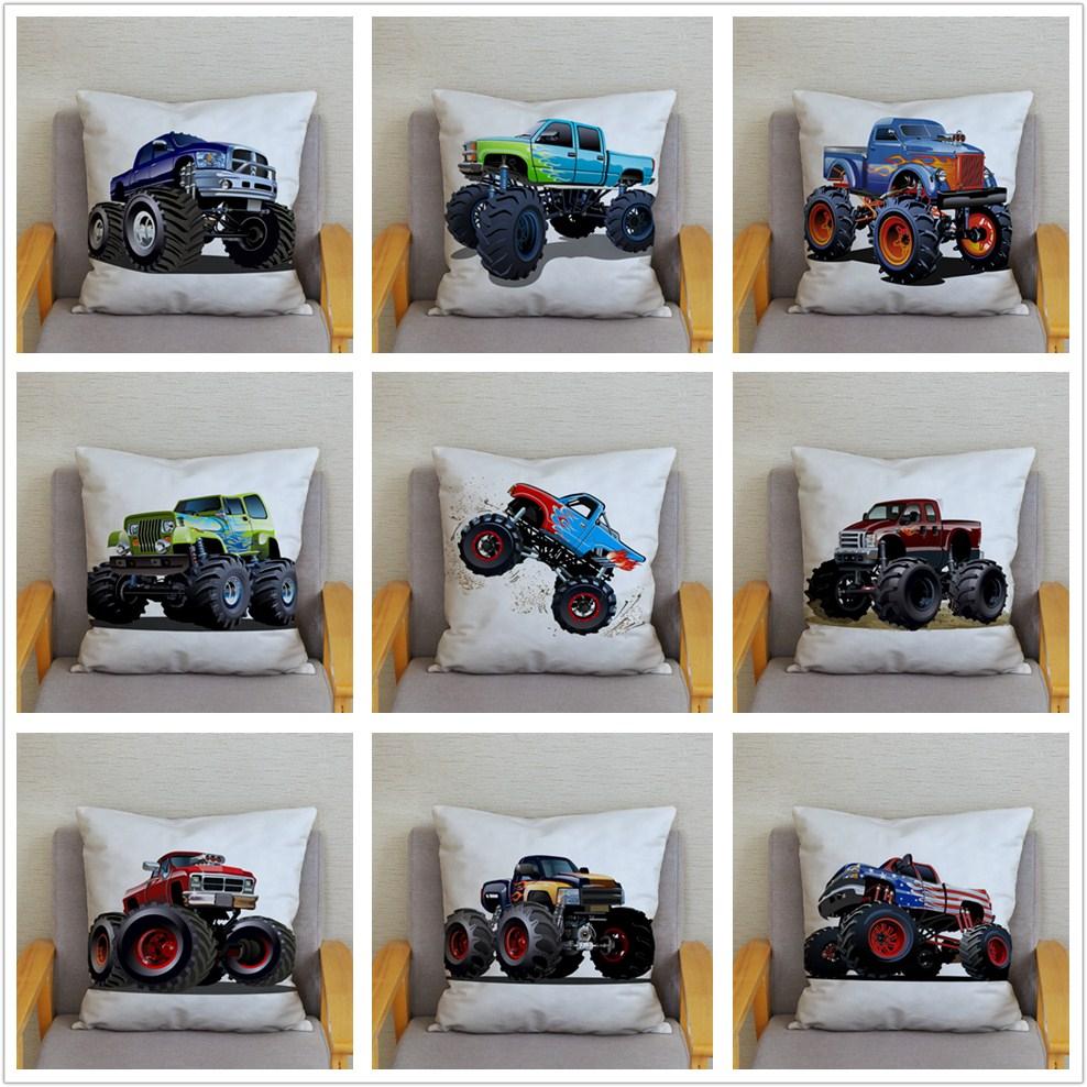Cartoon Monster Truck Print Cushion Cover Pillow 45X45 Square Sofa Home Decoration Throw