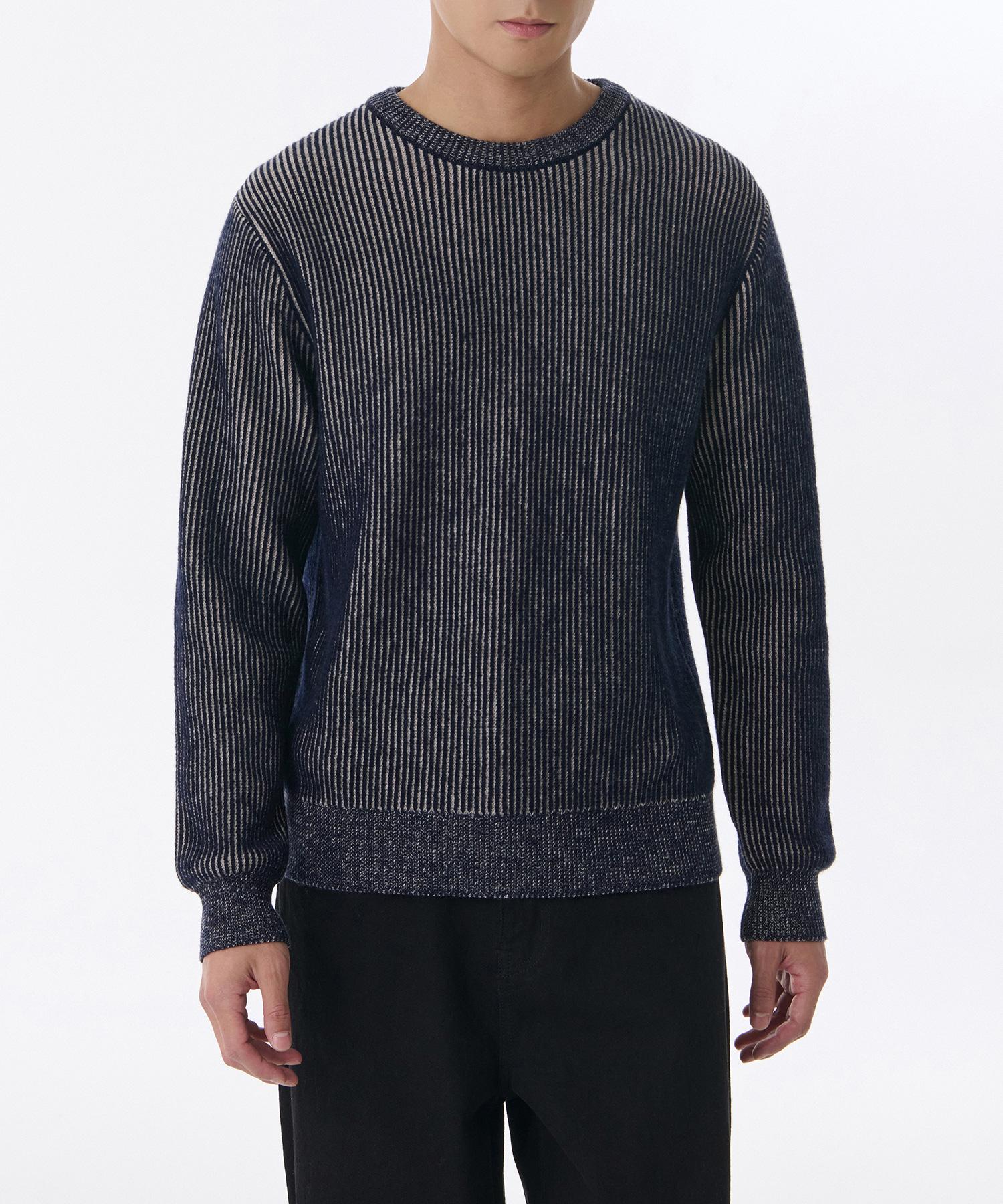 Musinsa Standard Two-Tone Ribbed Crew Neck Knit [Navy/Oatmeal] Oatmeal/2Xl