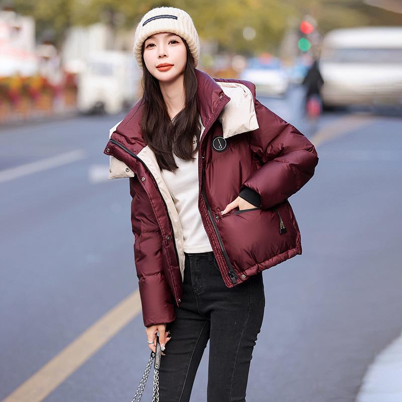 Color Block Quilted down Cotton Jacket Women's Short Winter Coat Bread Style Outerwear Ultra Short Length Polo Collar Zipper