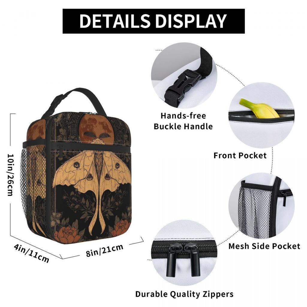 GothMoth Themed Artwork Print Insulated Lunch Bag for Women Kids Portable Food Boxes Thermal Lunch Box Tote