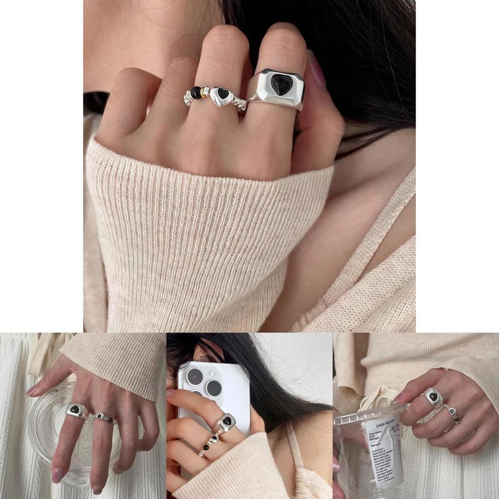 Stylish Black Agate Heart Ring For Women With Simple Elegant Design Adjustable Size