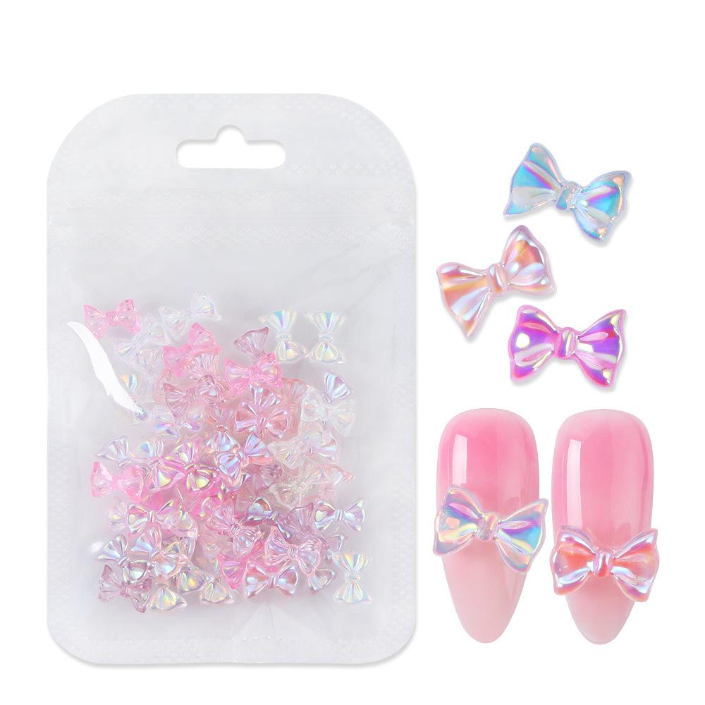 30PCS/Pack Aurora Resin Bow Nail Accessories Ice Transparent Stereoscopic Resin Nail Colorful Diamond Decoration