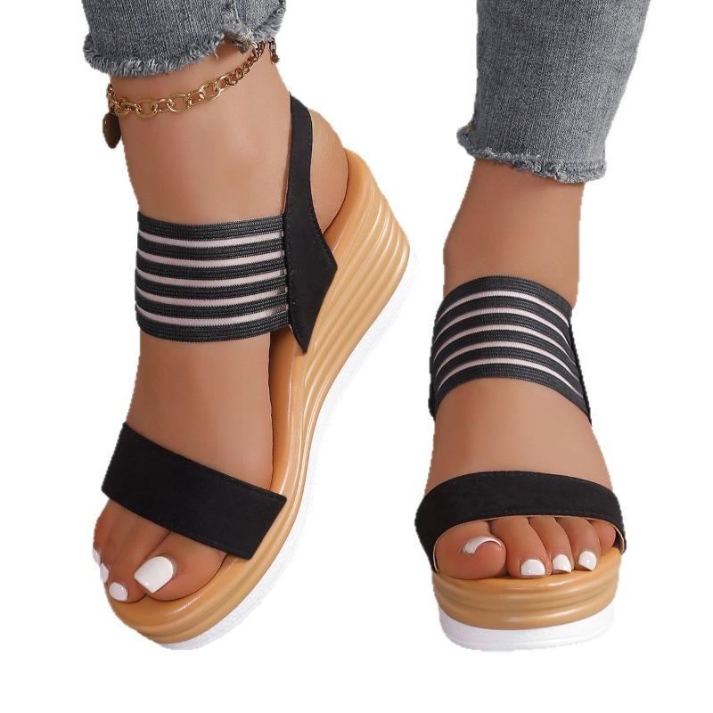 Sandali con zeppa e plateau da donna a pianta larga, scarpe romane con zeppa e punta aperta, sandali da esterno da spiaggia in stile europeo per donna